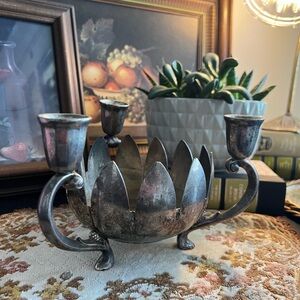 Vintage Midcentury Modern Silver Plated Brass lotus flower Candelabra